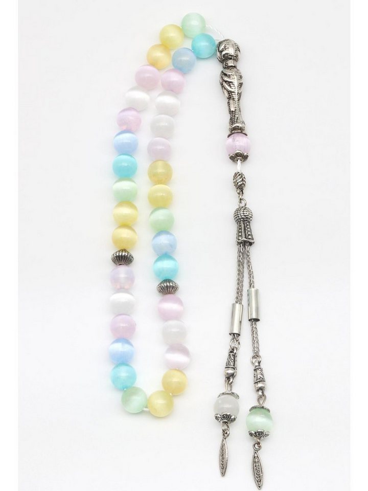 Nisan Ketten und Armband Set, Bunte Selenit Tesbih Gebetskette, Rundschliff, silberfarbenen Details von Nisan