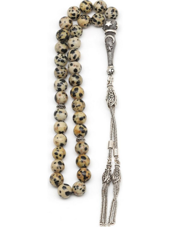 Nisan Ketten und Armband Set, Dalmatiner-Jaspis Gebetskette, Rundschliff, 925er Silberverzierungen von Nisan
