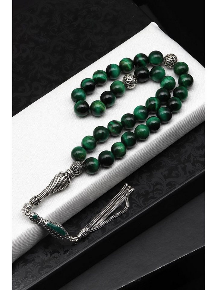 Nisan Ketten und Armband Set, Grünes Tigerauge Tesbih Gebetskette, Rundschliff, 925er Silberdetails von Nisan