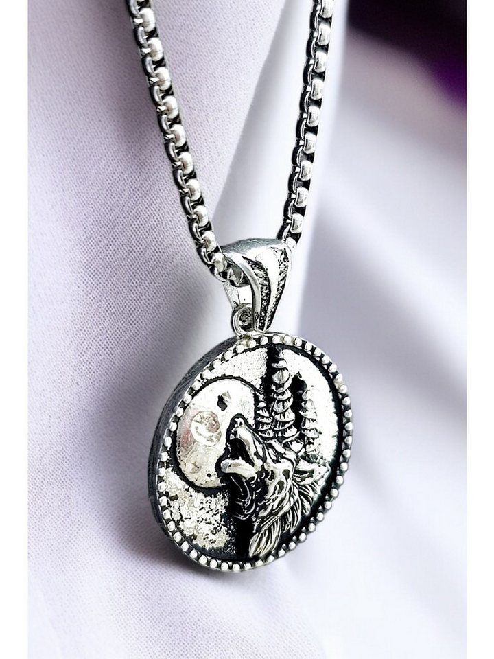 Nisan Ketten und Armband Set, Herren Halskette mit Bozkurt-Anhänger – Wolf heulend im Mondschein von Nisan