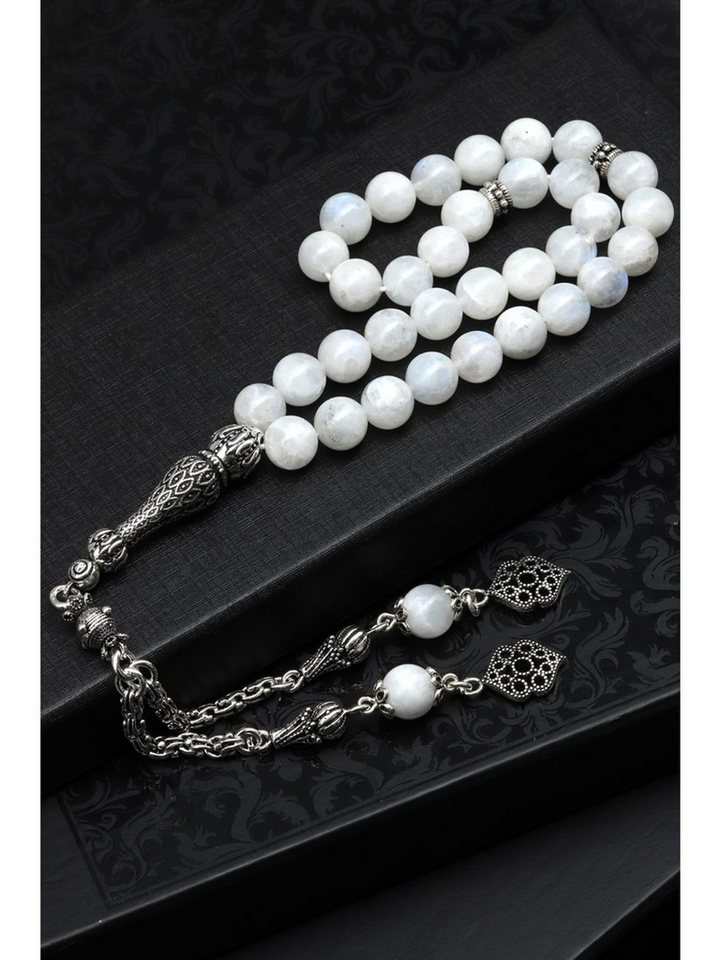 Nisan Ketten und Armband Set, Mondstein Tesbih Gebetskette, 8 mm Rundschliff, 925er Sterlingsilber von Nisan