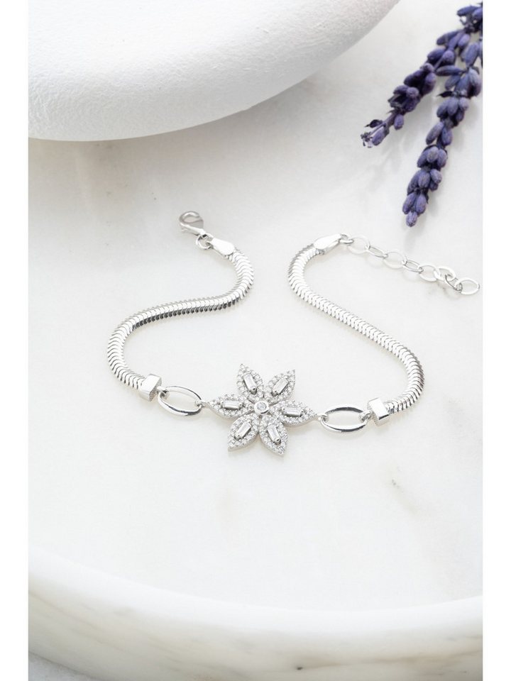 Nisan Ketten und Armband Set, Silber Damen Armband – Rodiierte Panzerkette, 6-blättrigem Blütenmotiv von Nisan