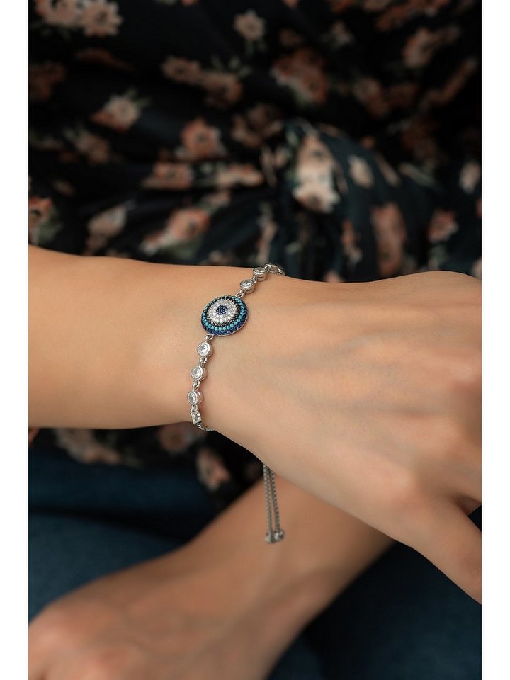 Nisan Ketten und Armband Set, Silber Damen Armband – Schiebeverschluss mit Nazar-Amulett & Zirkonia von Nisan