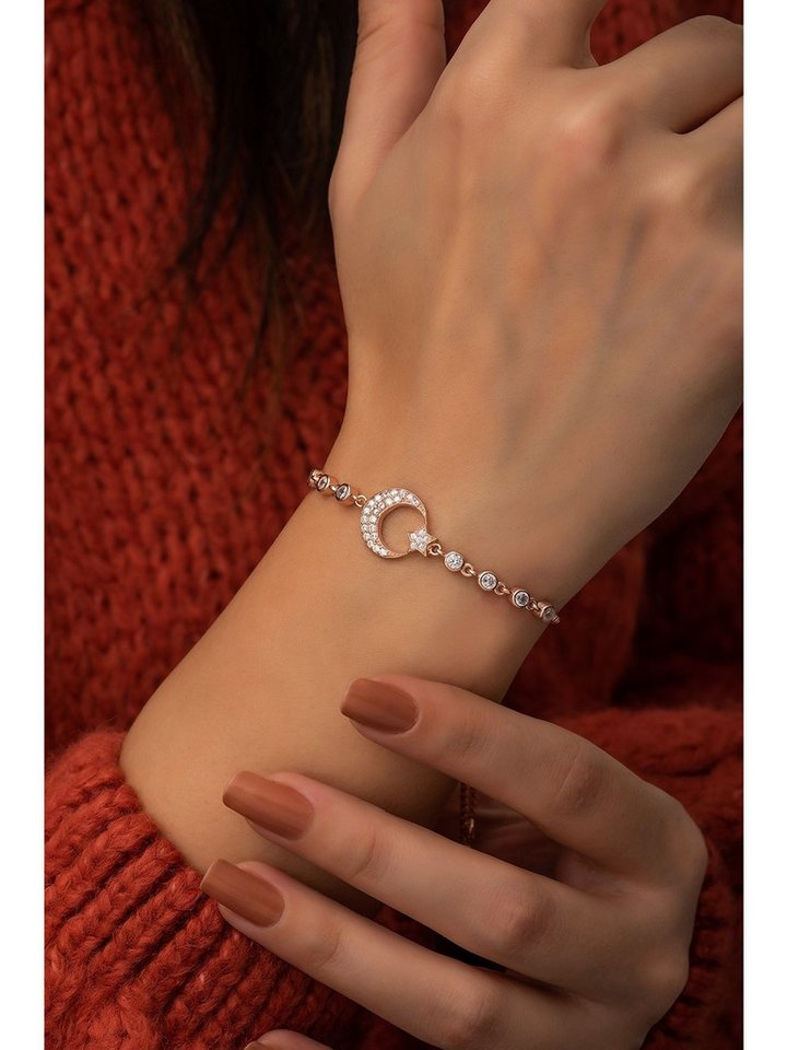 Nisan Ketten und Armband Set, Silber Damen Armband – Verstellbar mit Zirkonia, Halbmond-Stern Design von Nisan