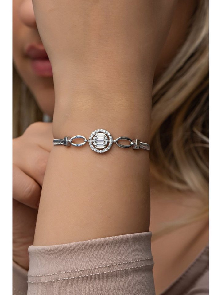 Nisan Ketten und Armband Set, Silber Damen Armband mit Rundem Baget-Zirkonia & Fischgräten-Kette von Nisan