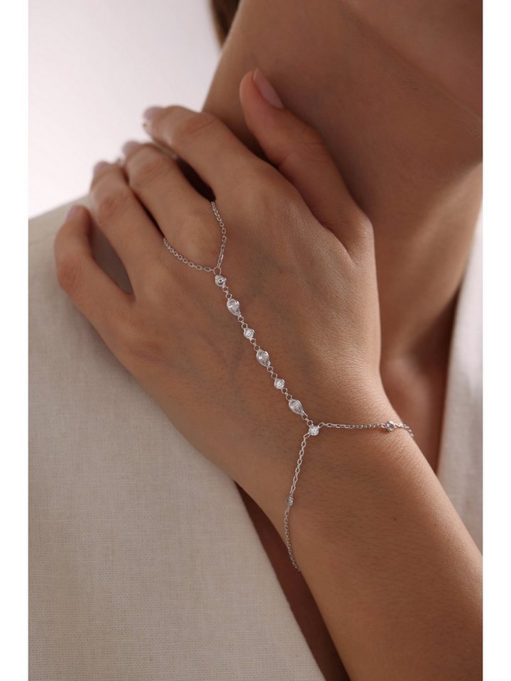 Nisan Ketten und Armband Set, Silber Damen-Handkette, Şahmeran-Handkette mit weißen Tropfenform von Nisan