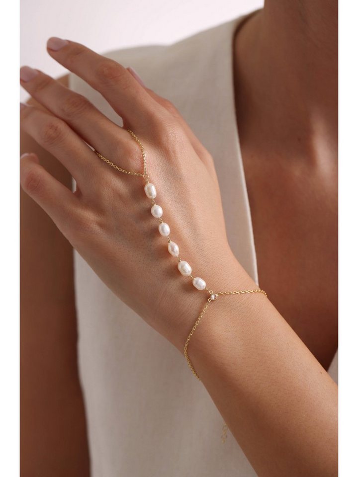 Nisan Ketten und Armband Set, Silber Damen-Handkette mit Perlen, Goldbeschichtetes Şahmeran-Armband von Nisan