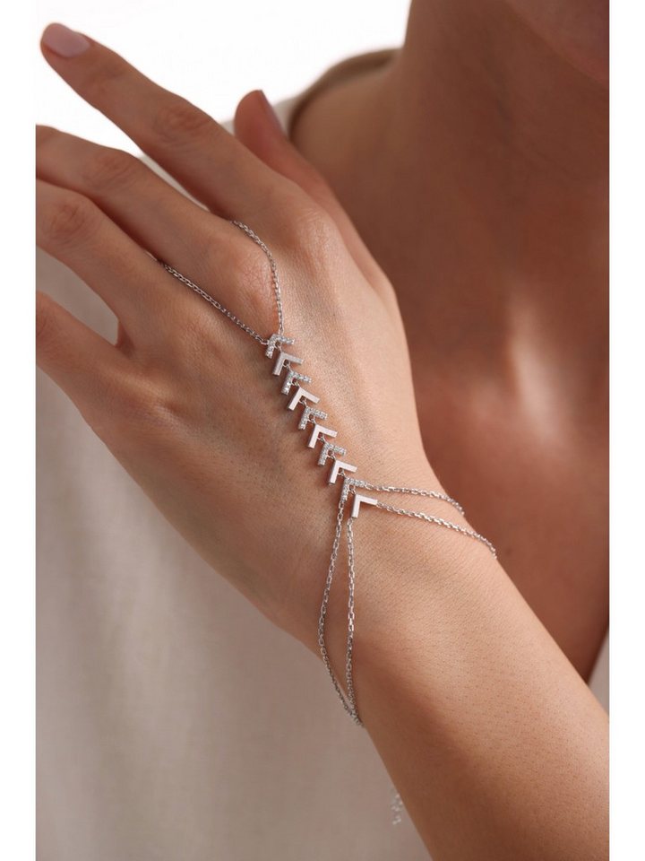 Nisan Ketten und Armband Set, Silber Handkette, Rutenförmiges Şahmeran-Armband in Ähren-Design von Nisan
