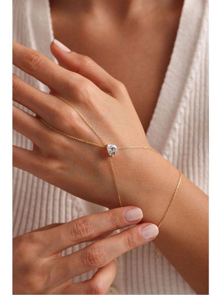 Nisan Ketten und Armband Set, Silber Handkette – Goldbeschichtete Şahmeran-Handkette mit Herzmotiv von Nisan