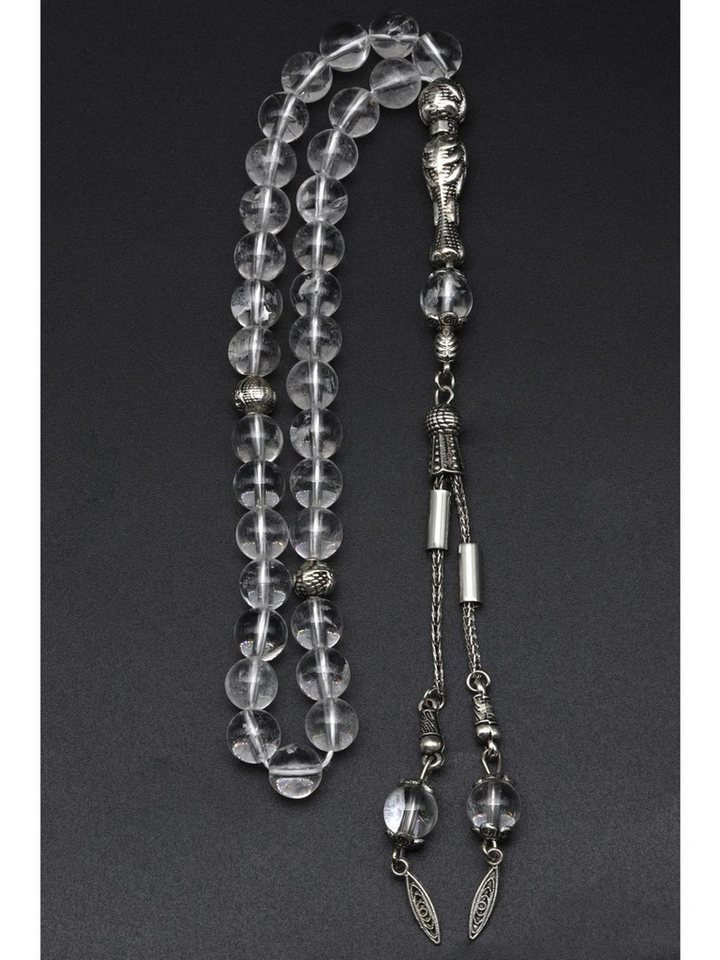 Nisan Ketten und Armband Set, Tesbih, Bergkristall Gebetskette, Rundschliff, silberfarbenen Details von Nisan