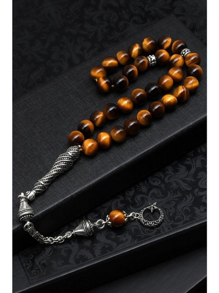Nisan Ketten und Armband Set, Tigerauge Edelstein Tesbih Gebetskette, 925er Silber, 8 mm Rundschliff von Nisan