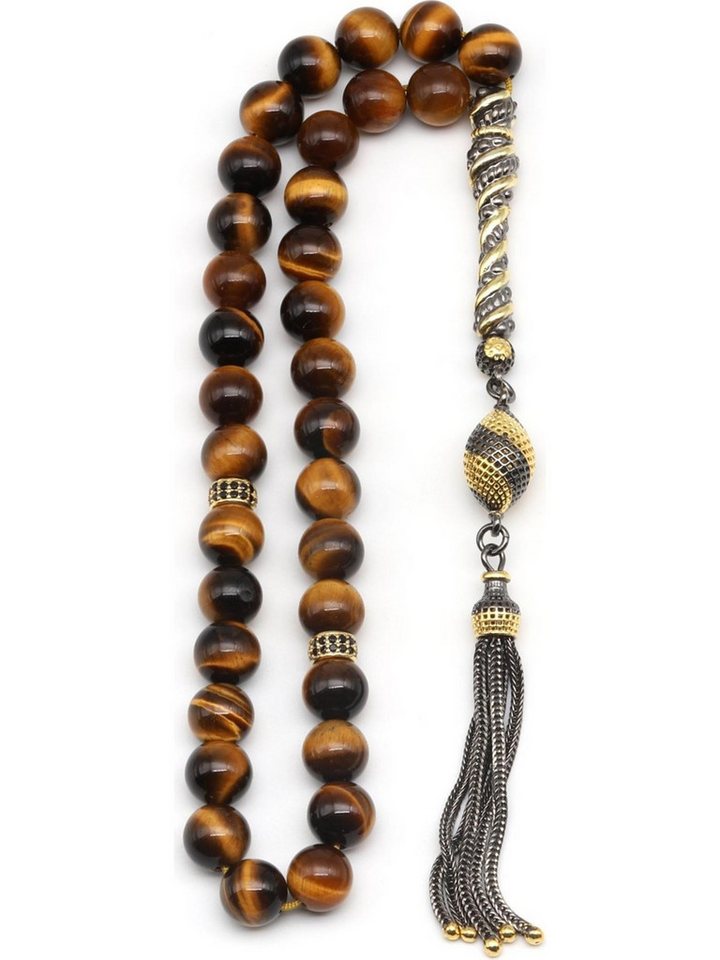 Nisan Ketten und Armband Set, Tigerauge Naturstein Gebetskette, 33 Perlen Kugelform mit 925er Silber von Nisan