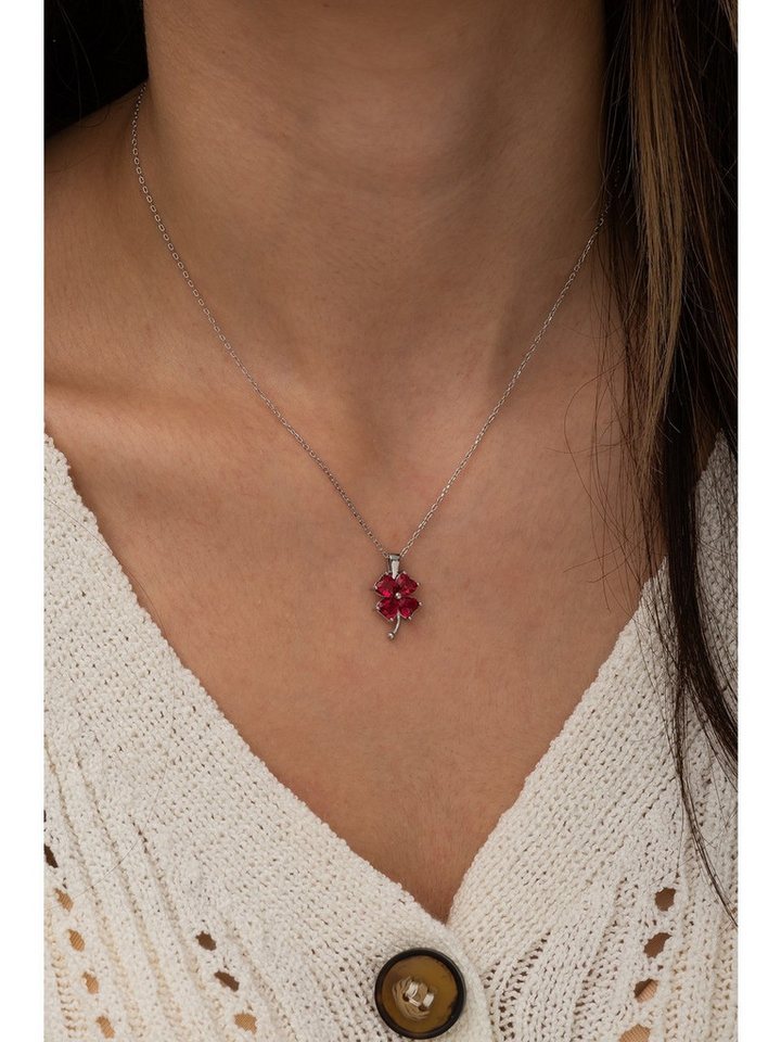 Nisan Ohrring-Set, 925 Silber Damen Halskette – Vierblättriges Kleeblatt mit rotem Stein von Nisan