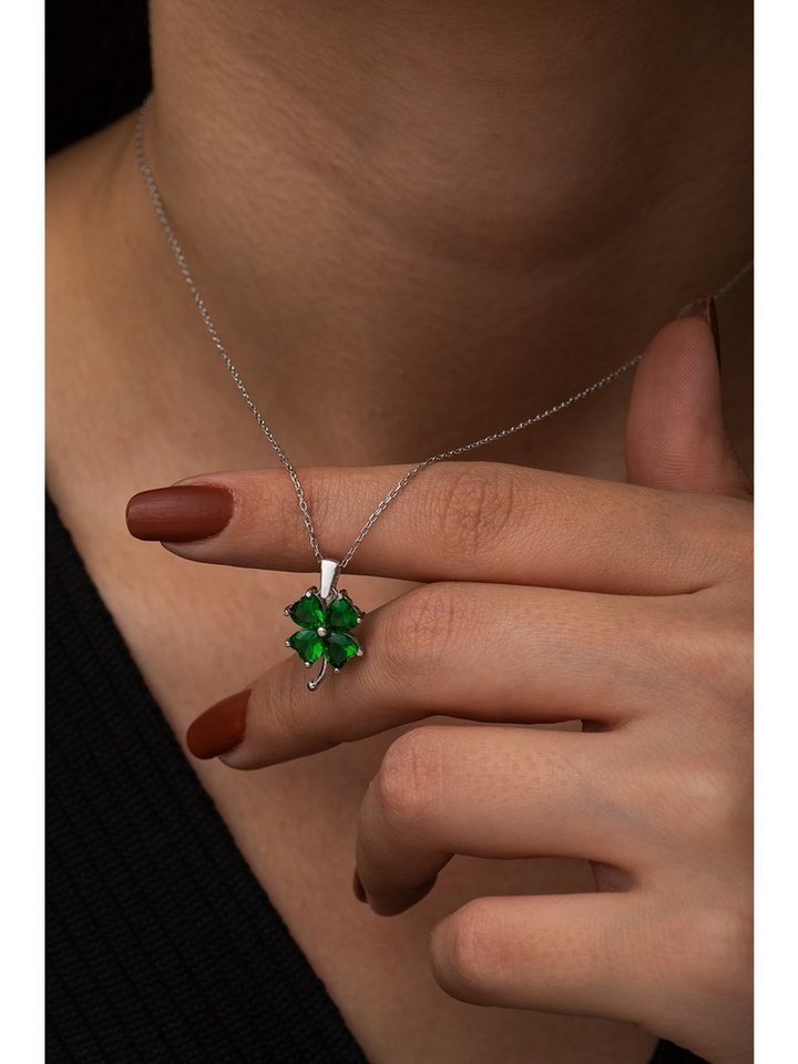Nisan Ohrring-Set, 925 Silber Halskette – Vierblättriges Kleeblatt mit grünen Steinen von Nisan