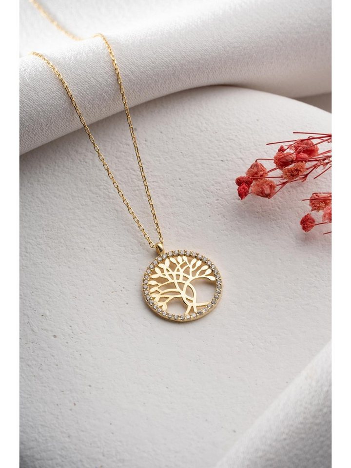 Nisan Ohrring-Set, 925 Silber Lebensbaum Kette – Gold vergoldet mit Zirkonia, 42 cm von Nisan