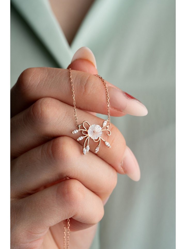 Nisan Kette und Anhänger Set, 925 Sterling Silber Damen Halskette mit Magnolienblüte, Rosévergoldet von Nisan