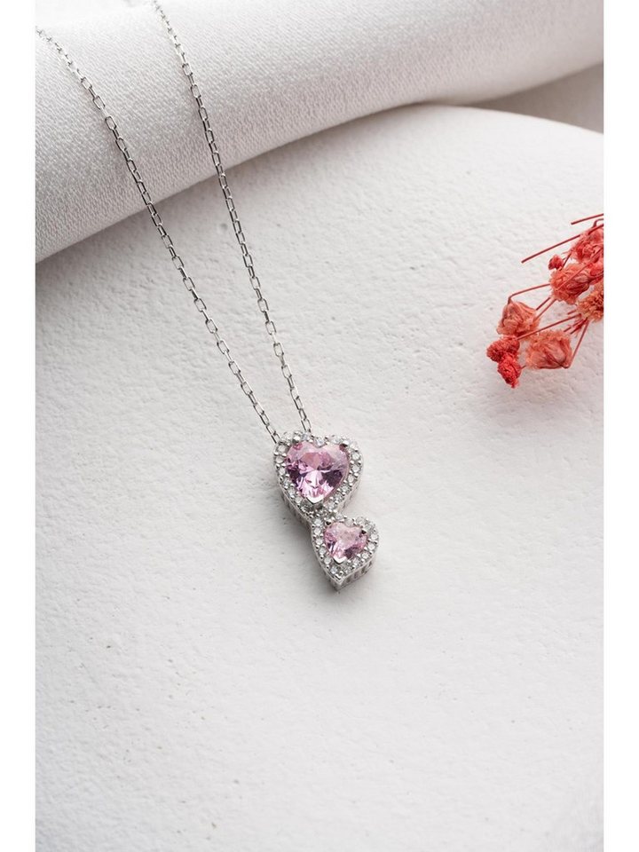 Nisan Ohrring-Set, 925er Silber Damen Halskette – Doppelherz Anhänger mit rosa Zirkonia von Nisan