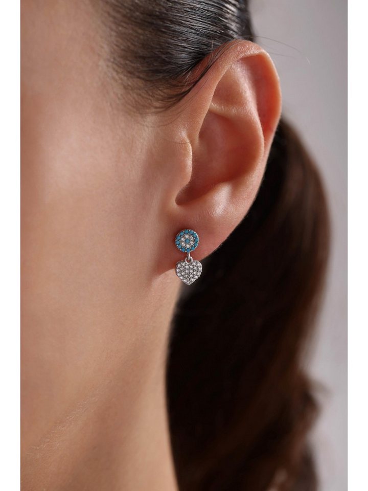 Nisan Ohrring-Set, 9Silber Ohrstecker mit türkisfarbenem Nazar-Motiv und Herzanhänger von Nisan