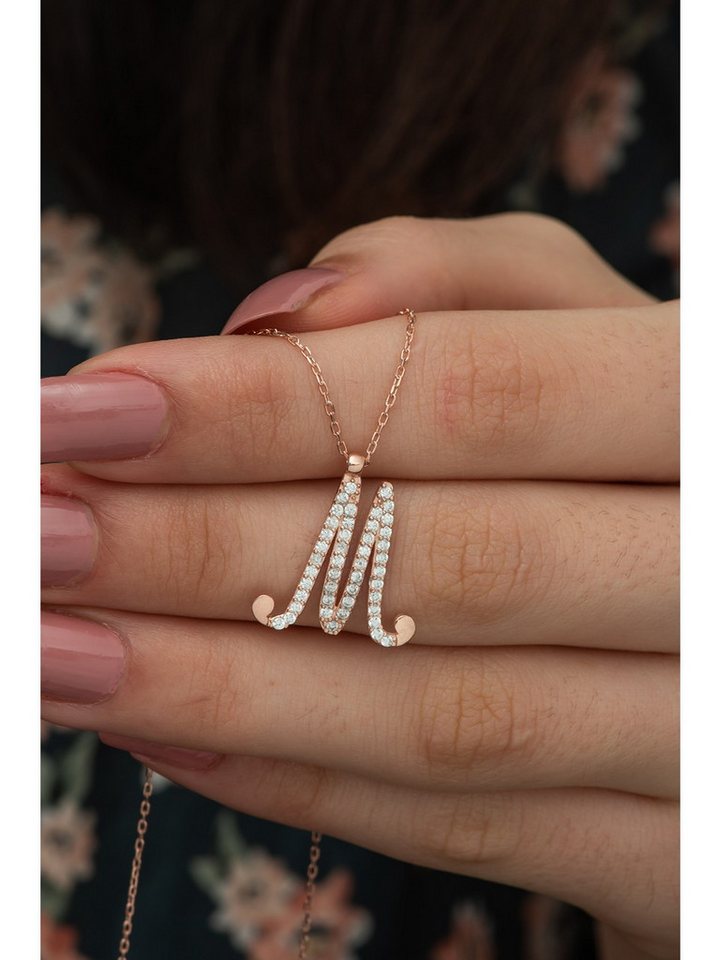 Nisan Ohrring-Set, Buchstaben-Halskette „M“ – 925er Silber, mit weißen Zirkonia-Steinen von Nisan