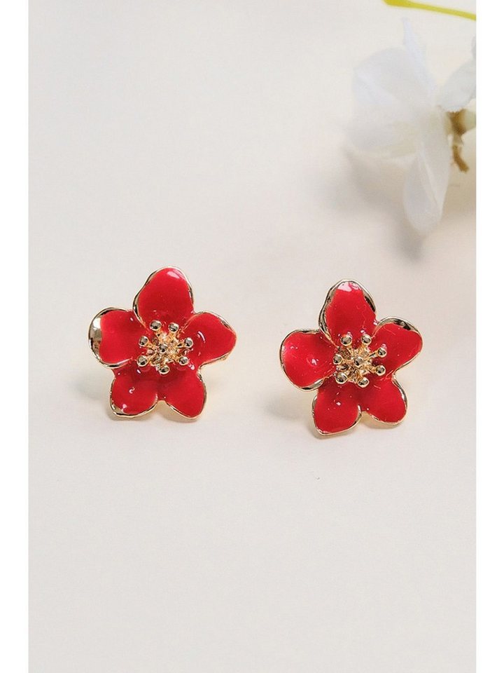 Nisan Ohrring-Set, Damen Ohrstecker – Goldbeschichtet, Rotes Sakura Blütendesign von Nisan