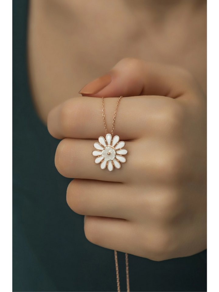 Nisan Ohrring-Set, Silber Damen Halskette, Margeriten-Anhänger mit Emaille-Blütenblättern von Nisan