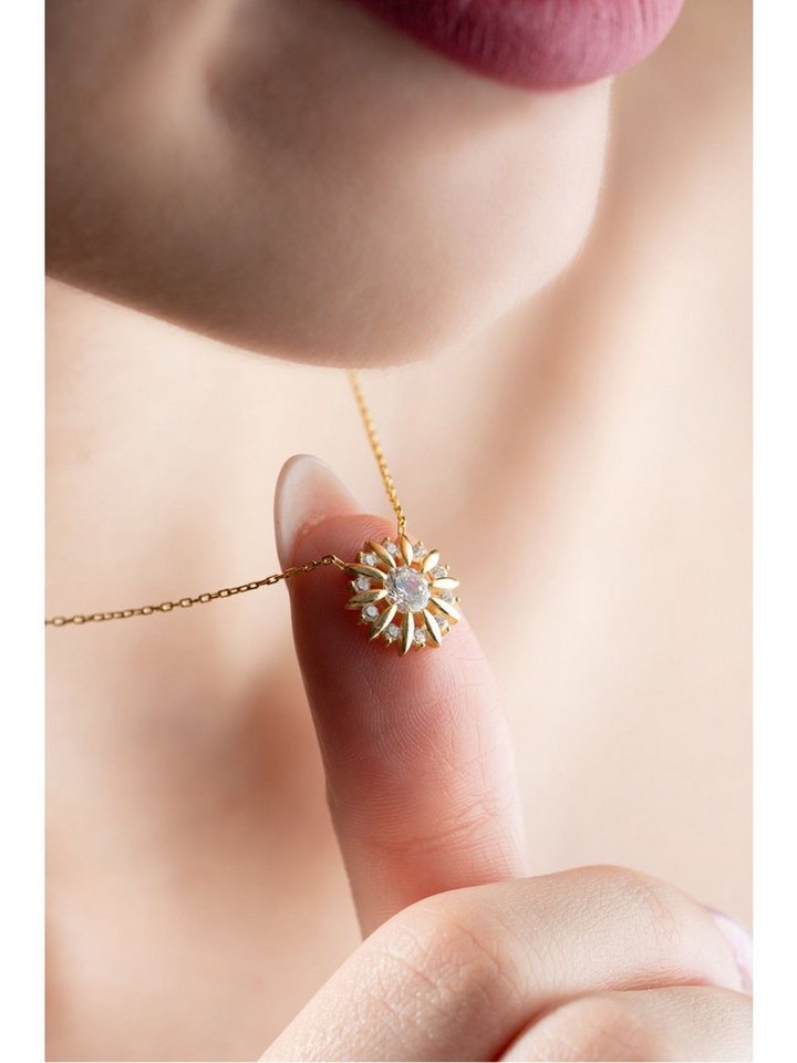 Nisan Kette und Anhänger Set, Silber Damen Halskette – Sonnendesign mit funkelndem Zirkonia-Stein von Nisan