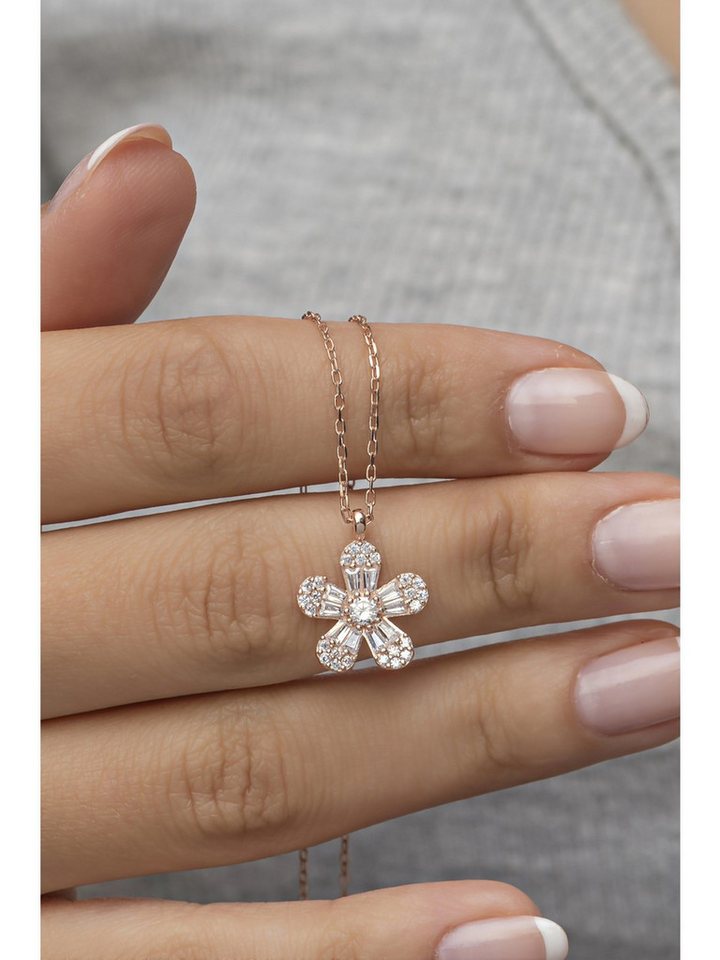 Nisan Ohrring-Set, Silber Damen Halskette mit blütenförmigem Anhänger mit Baget-Zirkonia von Nisan