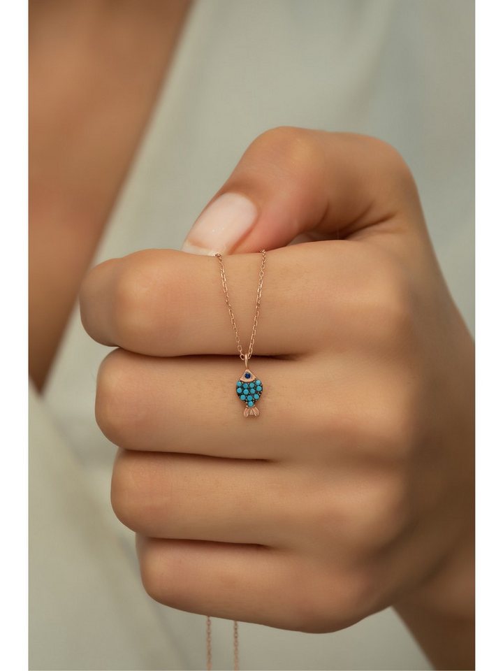 Nisan Ohrring-Set, Silber Halskette, Fisch-Anhänger mit türkisen Steinen von Nisan