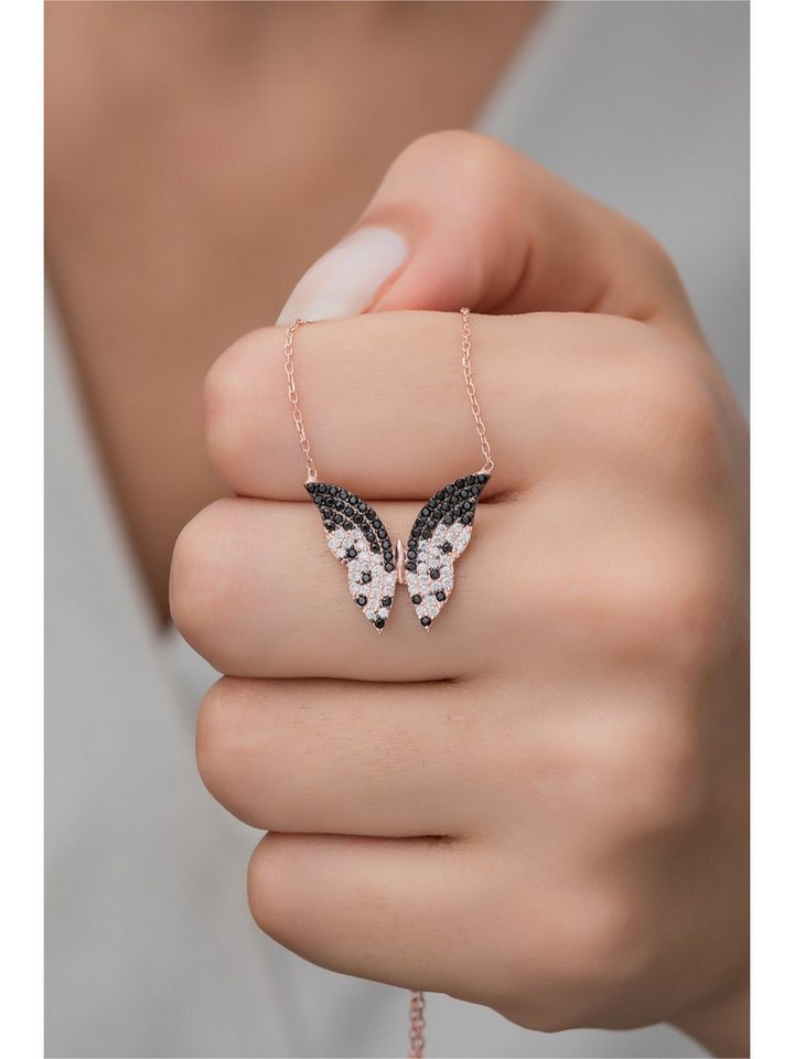 Nisan Ohrring-Set, Silber Halskette, Schmetterlingsflügel mit schwarzen & weißen Zirkonia von Nisan