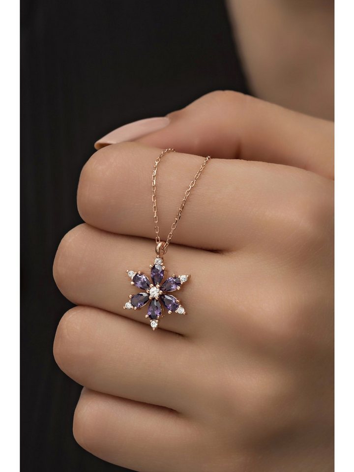 Nisan Ohrring-Set, Silber Halskette mit violettem Zirkonia – Blütenanhänger mit Roségold von Nisan