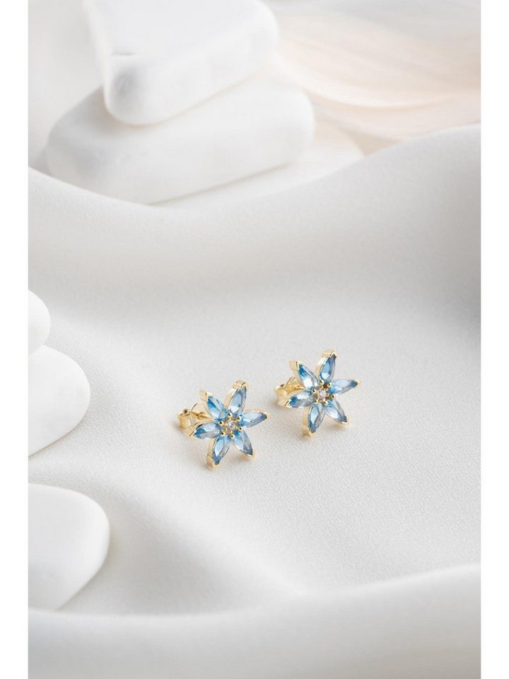 Nisan Ohrring-Set, Silber Ohrringe, Goldplattierung, blauen Zirkonia Lotusblüten Design von Nisan