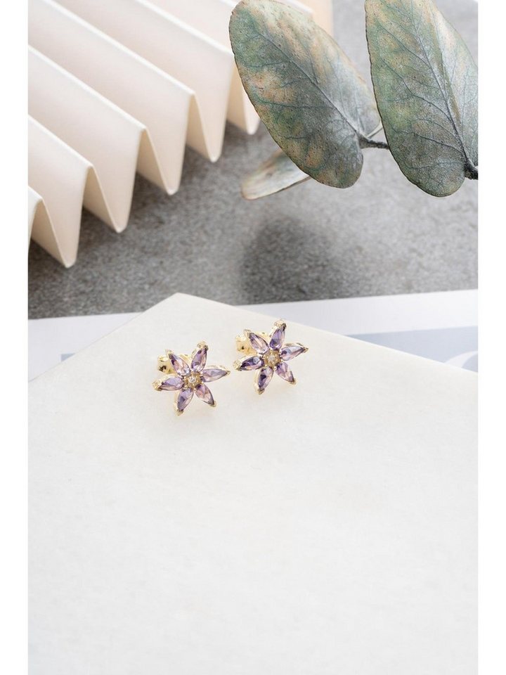 Nisan Ohrring-Set, Silber Ohrringe, Goldplattierung und violetten Zirkonia, Lotusblüten von Nisan