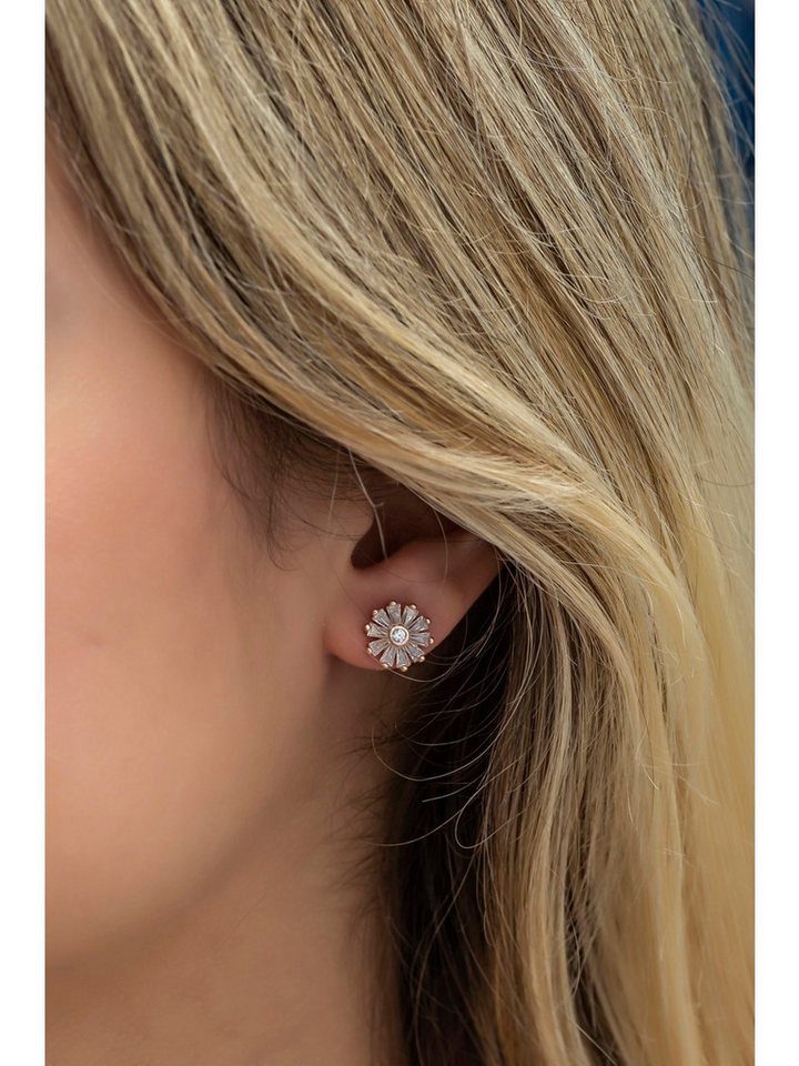 Nisan Ohrring-Set, Silber Ohrringe – Roségold, Zirkonia-Baguette, florales Blütendesign von Nisan