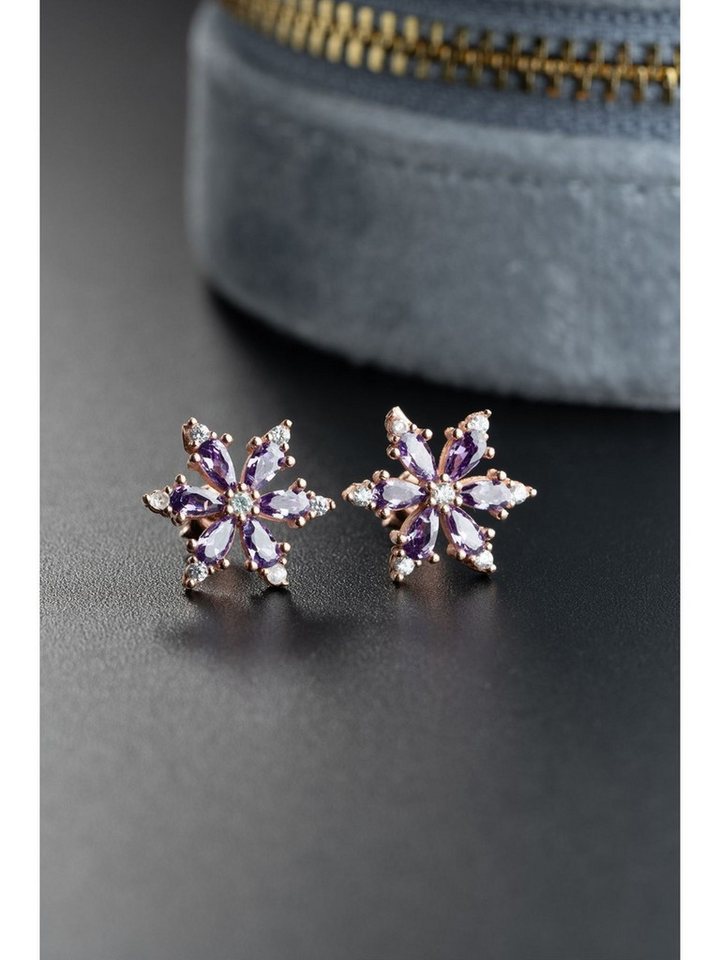 Nisan Ohrring-Set, Silber Ohrstecker – Kamelienblüten-Design mit violetten Zirkonia von Nisan
