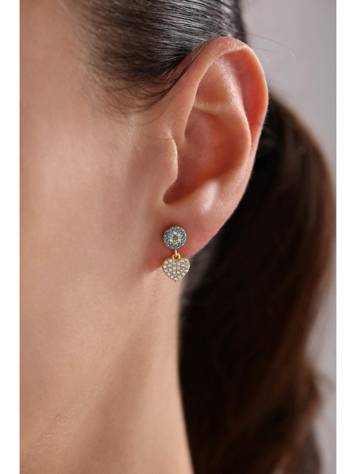 Nisan Ohrring-Set, Silber Ohrstecker mit türkisfarbenem Nazar-Motiv und Herzanhänger von Nisan