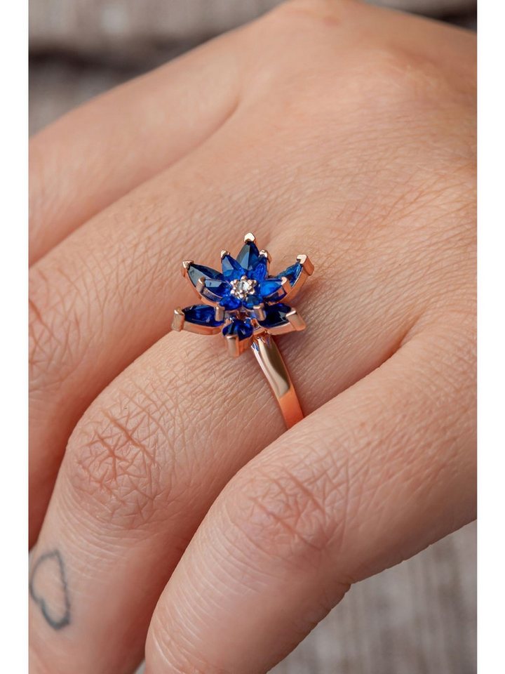 Nisan Silberring, 925 Silber Ring – Verstellbar mit Lotusblüten-Design, blaue Zirkonia von Nisan