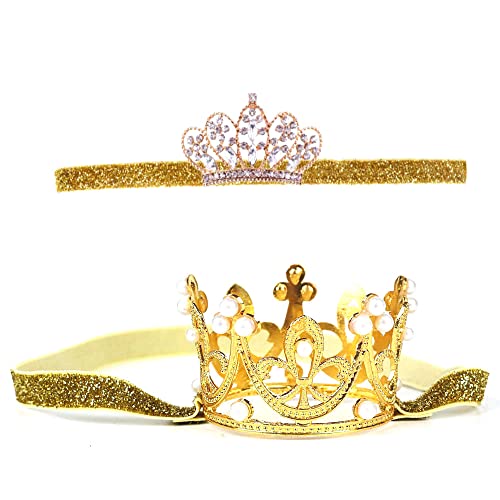 Nishine 2 Stück Baby Mädchen Krone Stirnband Prinzessin Diadem Kopfschmuck Set Kleinkind elastisches Stirnband(Gold) von Nishine