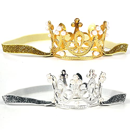 Nishine 2 Stück Baby Mädchen Krone Stirnband Prinzessin Diadem Kopfschmuck Set Kleinkind elastisches Stirnband(Gold/Silber) von Nishine