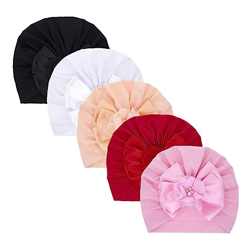 Nishine 5 Pack Baby Turban Beanies Hut Neugeborenes Bogen Mütze Hüte Kleinkind Schädel Beanie Bowknot Cap Kopfbedeckung(Blume Bogen-5Stück) von Nishine