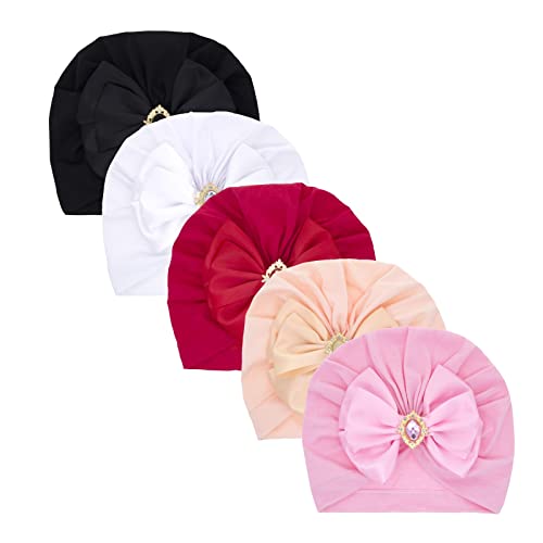 Nishine 5 Pack Baby Turban Beanies Hut Neugeborenes Bogen Mütze Hüte Kleinkind Schädel Beanie Bowknot Cap Kopfbedeckung(Strass-Schleife-5Stück) von Nishine