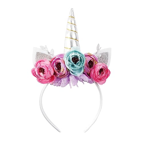 Nishine Mädchen Glitter Einhorn Horn Stirnband Kamelie Pony Stirnband Blume Haarband Tiara für Party Geburtstag Geschenk(Silber&Türkis) von Nishine