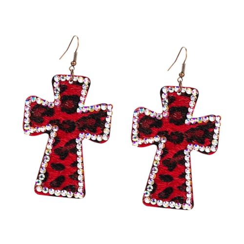Nishiyuenyi 2 Stück Leopard Print Ohrringe Kreuz Form Vintage Hängeohrringe Damen Faux Leicht Tragbar Modisches Accessoire für Hochzeit Alltag Geburtstag Pa, Rot von Nishiyuenyi