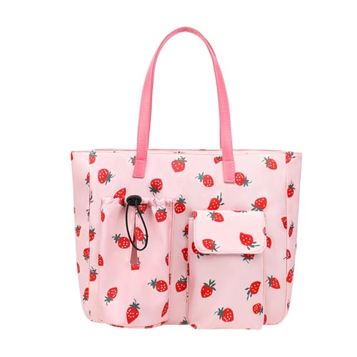 Nishiyuenyi Frauen Tote Bag Große Kapazität Handtasche Wasserdicht Aus Oxford Stoff mit Reißverschluss Und Mehreren Fächern für Arbeit Reisen Einkaufen Fitnessstu, Erdbeere von Nishiyuenyi