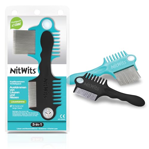 NitWits Läusekamm Kinder & Erwachsense (2er Pack) - 3-In-1 Metall Läuse und Nissenkamm mit Haarentwirrer und Lupe von NitWits