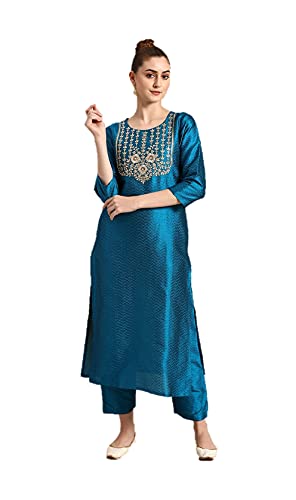 Kurta-Set für Damen, ethnische Designerin, indische Partykleidung, Kurti-Top, Tunika mit Palazzos oder Hosen, Blau/goldfarben, XX-Large von Nitimatta