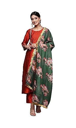 Kurti Set für Frauen mit Dupatta indischen Stil Partykleidung Kurta mit Hose Set, Kastanienbraun & Grün, L von Nitimatta