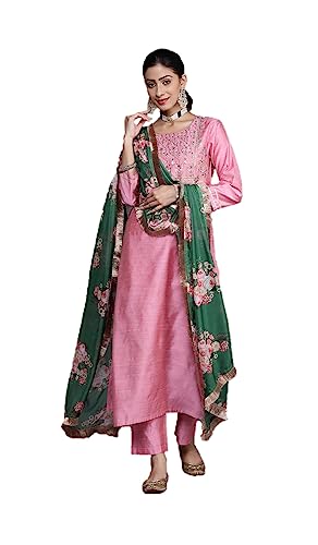 Nitimatta Kurti Set für Frauen mit Dupatta indischen Stil Partykleidung Kurta mit Hose Set, Pink & Green-1, Medium von Nitimatta