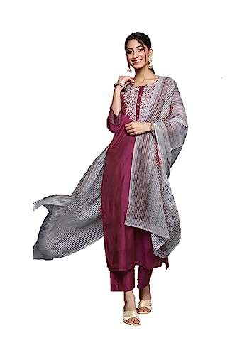 Nitimatta Kurti Set für Frauen mit Dupatta indischen Stil Partykleidung Kurta mit Hose Set, Burgunderrot & Silber, X-Large von Nitimatta