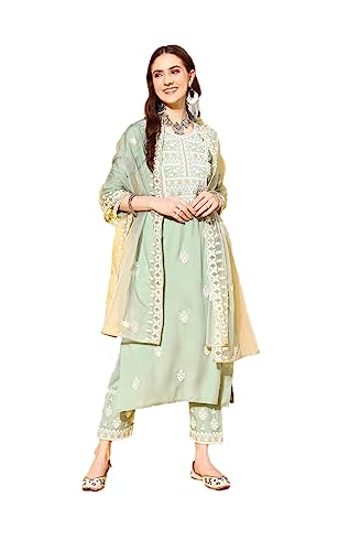 kurti set für frauen mit dupatta indischen stil party wear kurta mit hose set, Hellgrün & Weiß, XXL von Nitimatta