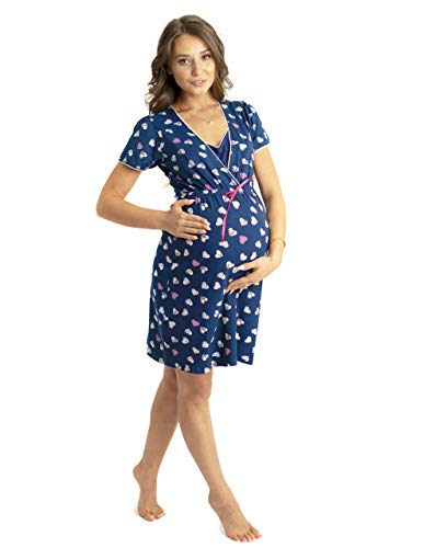 Nitis Umstandsmode Nightwear Nachthemd Nursing Schwangerschaft Stillfunktion (XL (42-44), Navy Blue (Hearts)) von Nitis Umstandsmode